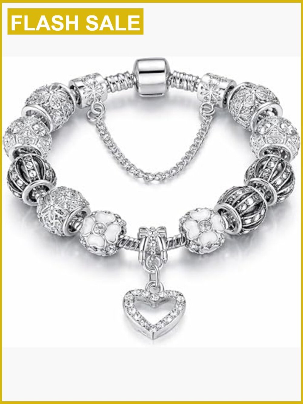Silver Tone Crystal & Murano Glass Charm Bracelet Snake Chain Women Gift Boxed